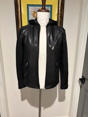 AllSaints Men's Black Leather Hooded Biker Jacket Small NWT